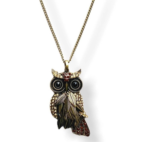 Owl Pendant Necklace Long Metal & Rhinestone Burnished Gold Boho Cottage - Picture 2 of 7